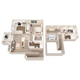 A 3D floor plan of a house with a kitchen, living room, and bedrooms.