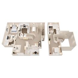A 3D floor plan of a house with two bedrooms, a living room, a kitchen, and a bathroom.