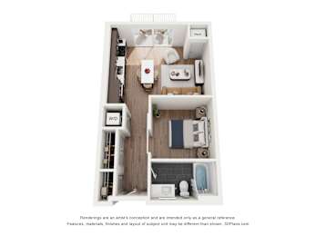 A 3D floor plan of a small apartment with a kitchen, living room, and bathroom.