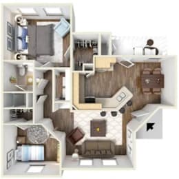 A 3D floor plan of a small apartment with a kitchen, living room, and bathroom.