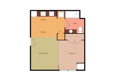 A floor plan of a house with a kitchen, dining room, living room, bathroom, and bedroom.