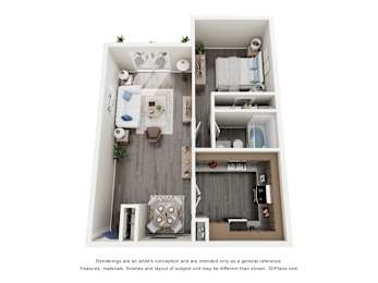 A 3D floor plan of a small apartment with a kitchen, living room, and bathroom.