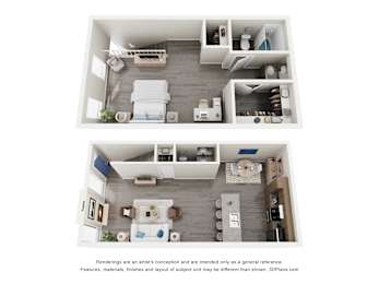 A 3D floor plan of a small apartment with a kitchen, living room, and bedroom.