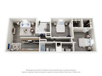A 3D floor plan of a house with a kitchen, living room, and two bedrooms.