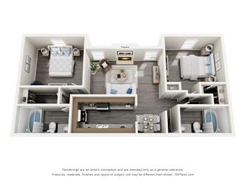 A 3D floor plan of a small apartment with a kitchen, living room, and bathroom.