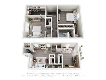 A 3D floor plan of a small apartment with two bedrooms, a living room, and a kitchen.