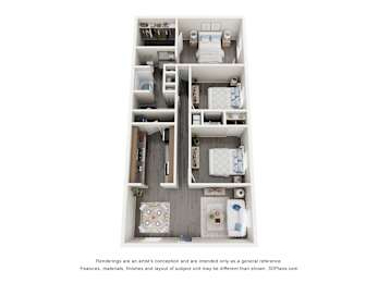 A 3D floor plan of a small apartment with a kitchen, living room, and bathroom.