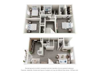 A 3D floor plan of a small apartment with two bedrooms, a living room, and a kitchen.