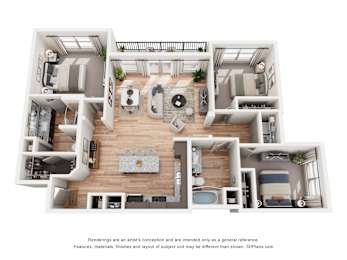 A 3D floor plan of a house with multiple rooms and furniture.