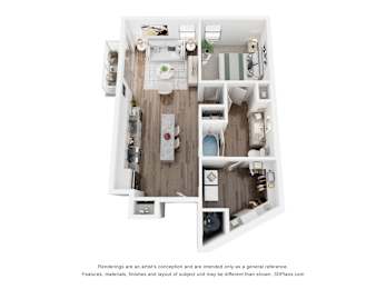 A 3D floor plan of a small apartment with a kitchen, living room, and bathroom.