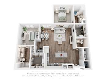 A 3D floor plan of a house with a kitchen, living room, and bathrooms.