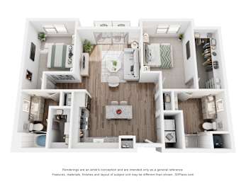 A 3D floor plan of a house with a kitchen, living room, and bathrooms.