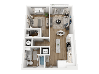 A 3D floor plan of a small apartment with a living room, kitchen, and bathroom.