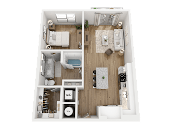 A top-down view of a small apartment layout with labeled sections for W.D and W.H.