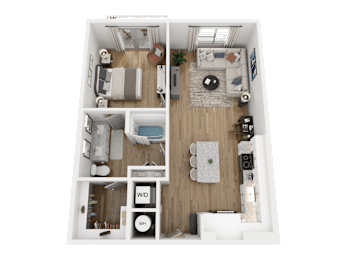 A top-down view of a small apartment with a living room, kitchen, and bathroom.