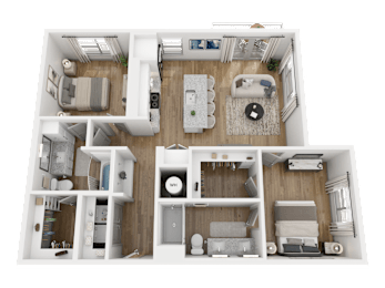A 3D floor plan of a small apartment with a kitchen, living room, and bedrooms.