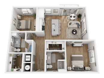 A 3D floor plan of a house layout.