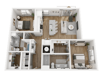 A 3D floor plan of a small apartment with a kitchen, living room, and two bedrooms.