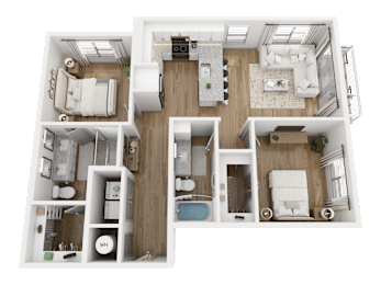 A 3D floor plan of a house with a kitchen, living room, and bathrooms.