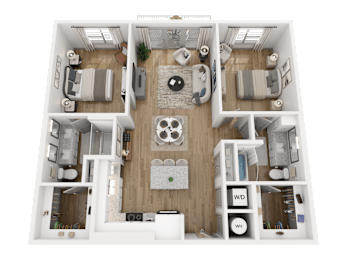 A 3D floor plan of a small apartment with a living room, kitchen, and two bedrooms.