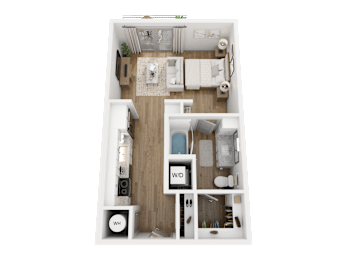 A top-down view of a small, neatly organized living space with a kitchen area, a dining table, and a bed.