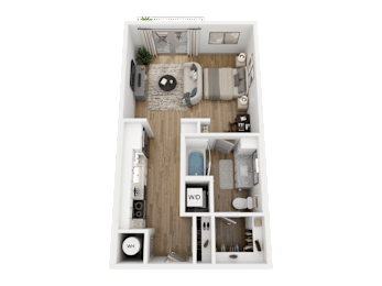 A top-down view of a small apartment layout with a kitchen, living room, bedrooms, and bathrooms.