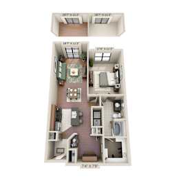 A 3D floor plan of a small apartment with a living room, kitchen, and bedroom.