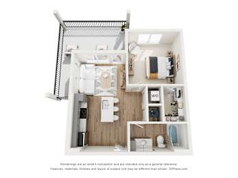 A 3D floor plan of a small apartment with a kitchen, living room, and bathroom.