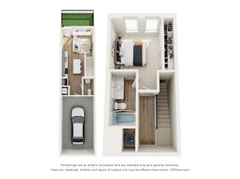 A 3D floor plan of a house with a kitchen, living room, and bathroom.