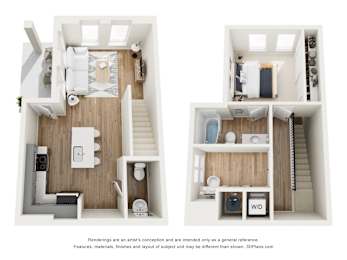 A 3D floor plan of a small apartment with two bedrooms and a living area.