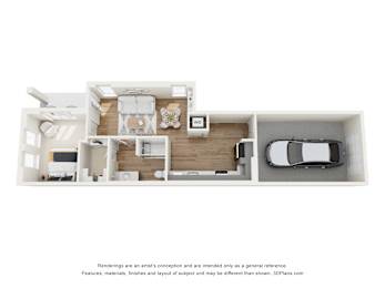 A 3D floor plan of a house with a kitchen, living room, and two bedrooms.