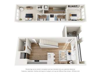 A white 3D floor plan of a house with a kitchen, living room, and bedrooms.