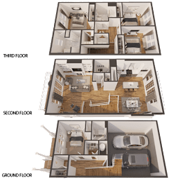 A diagram shows the layout of a three-story apartment.