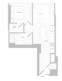 A floor plan of a house with a living room, kitchen, bath, and bedrooms.