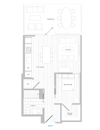 A floor plan of a house with a living room, kitchen, bathroom, and bedroom.