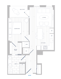 A floor plan of a house with labeled rooms such as Bedroom, Bath, Kitchen, Living room, and Balcony.