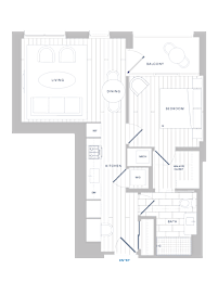 A floor plan of a house with a living room, dining room, kitchen, two bedrooms, a bathroom, and a wine cellar.