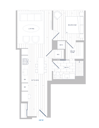 A floor plan of a house with a living room, kitchen, bathroom, and bedroom.