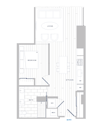 A floor plan of a house with a living room, bedroom, bathroom, kitchen, dining room, and entry.