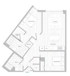 A floor plan of a house with labeled rooms such as Bedroom, Bath, Kitchen, Living room, and Mechanic.