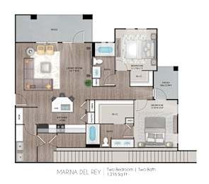 A floor plan of a two bedroom, two bathroom apartment.