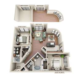 A floor plan of a two-story apartment with a living room, kitchen, and bedrooms.