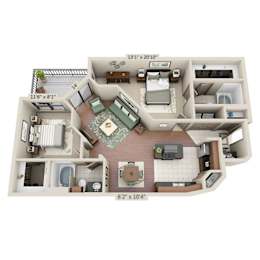 A floor plan of a two-bedroom apartment with dimensions and furniture layout.