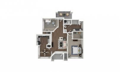 A floor plan of a house with a kitchen, living room, and two bedrooms.