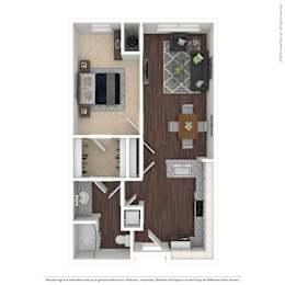 A floor plan of a small apartment with a kitchen, living room, and bathroom.