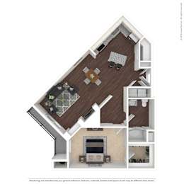 A 3D floor plan of a house with a kitchen, living room, and bathroom.