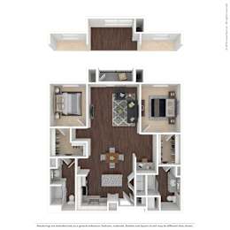 A floor plan of a house with a kitchen, living room, and two bedrooms.