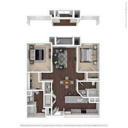 A detailed 3D floor plan of a house layout.