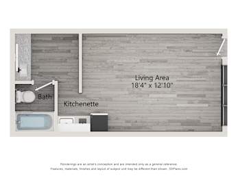 A floor plan of a small apartment with a living area, kitchenette, and bathroom.