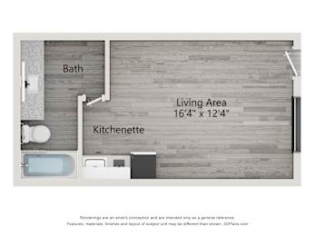 A floor plan of a bathroom and kitchenette.